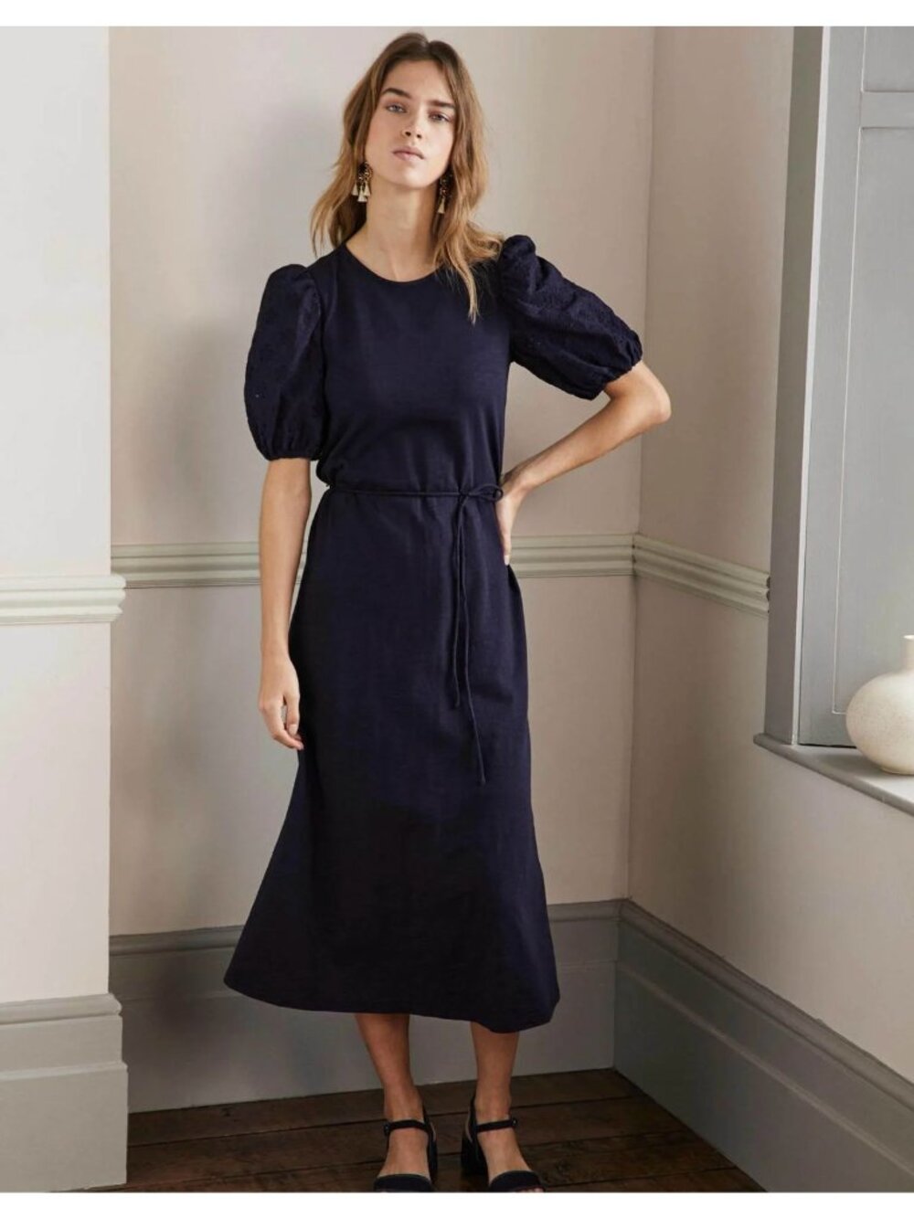 Boden Broderie Mix Jersey Midi Dress Navy Blue Cotton 4P Puff Sleeves